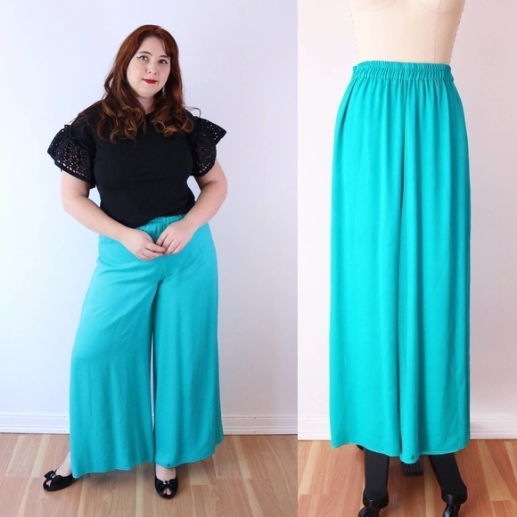 Vintage Teal Wide Leg Swishy Pants Elastic Waist Jasmine Disneybound - Picture 1 of 8